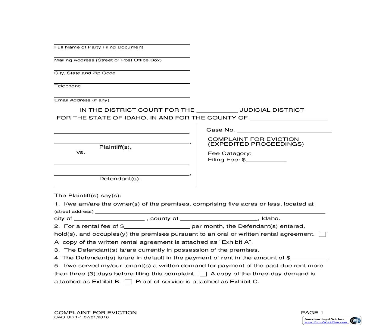 Complaint For Eviction (Expedited Proceedings) {CAO UD 1-1} | Pdf Fpdf Doc Docx | Idaho