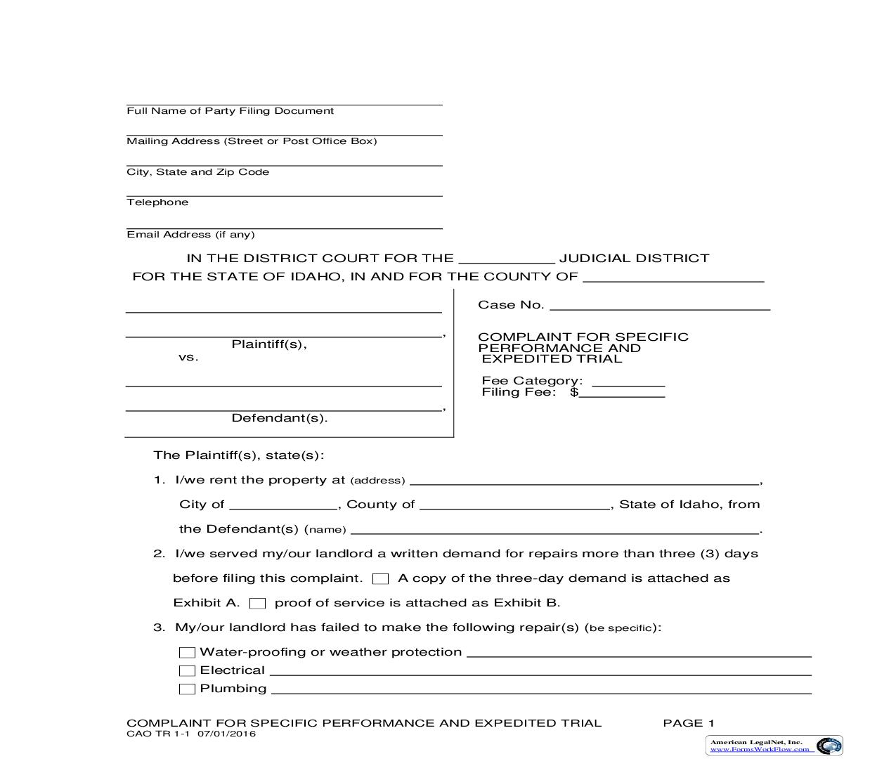 Complaint For Specific Performance And Expedited Trial {CAO TR 1-1} | Pdf Fpdf Doc Docx | Idaho