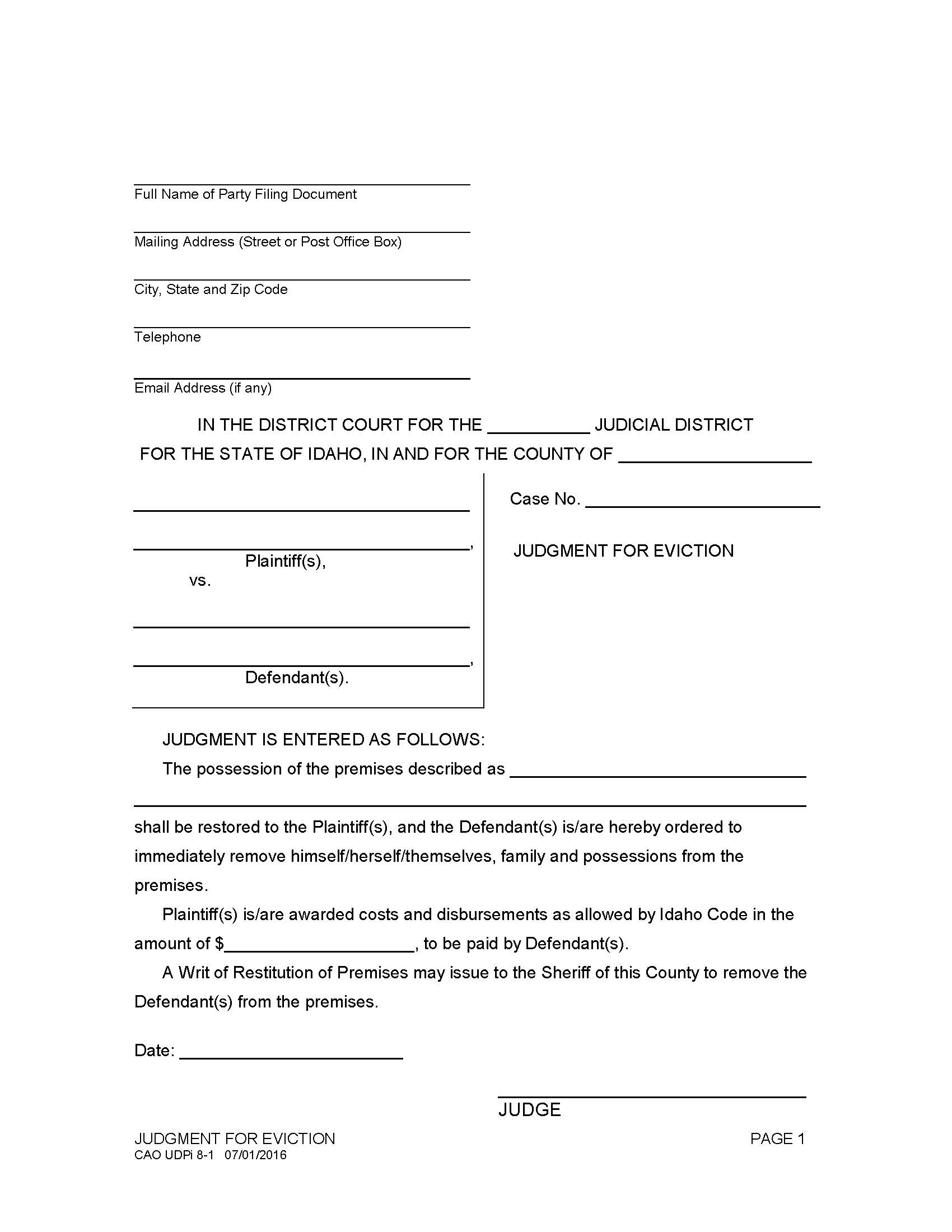 Judgment And Order Of Eviction {CAO UD 8-1} | Pdf Fpdf Doc Docx | Idaho