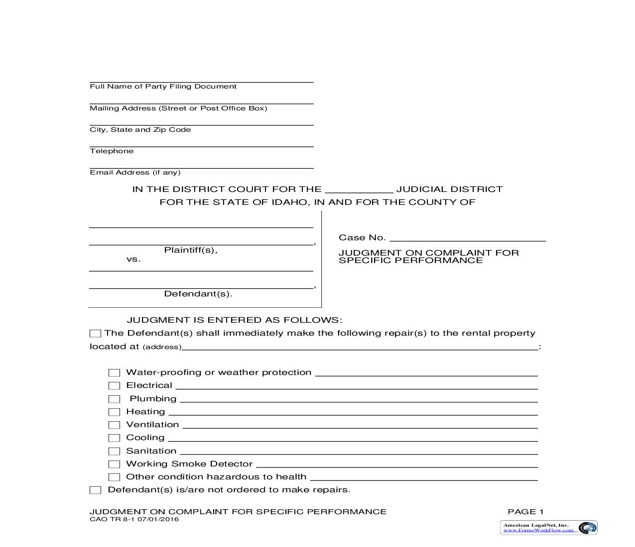 Judgment On Complaint For Specific Performance {CAO TR 8-1} | Pdf Fpdf Doc Docx | Idaho