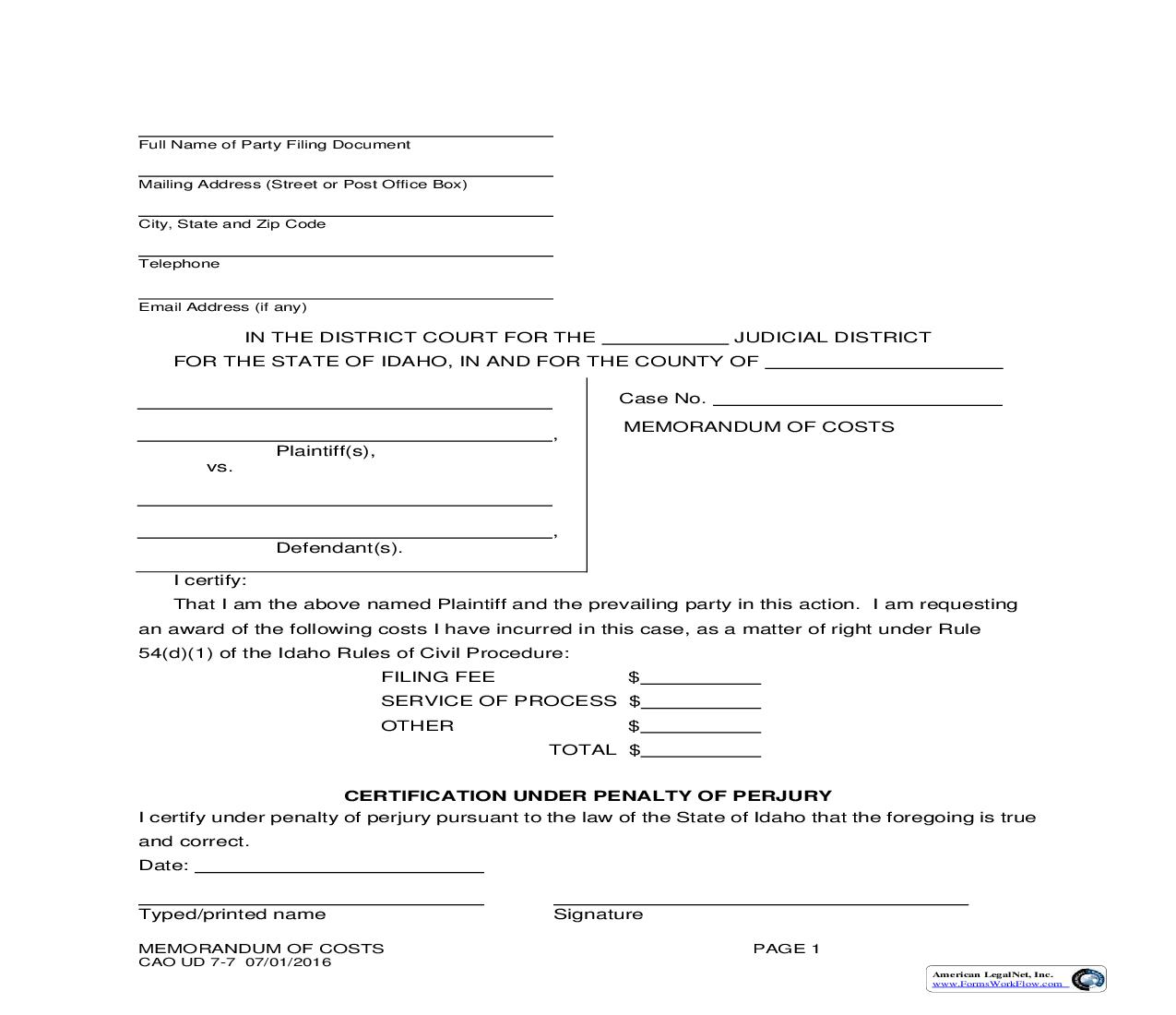 Memorandum Of Costs {CAO UD 7-7} | Pdf Fpdf Doc Docx | Idaho