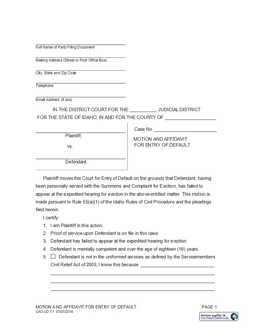 Motion And Affidavit For Entry Of Default {CAO UD 7-1} | Pdf Fpdf Docx | Idaho