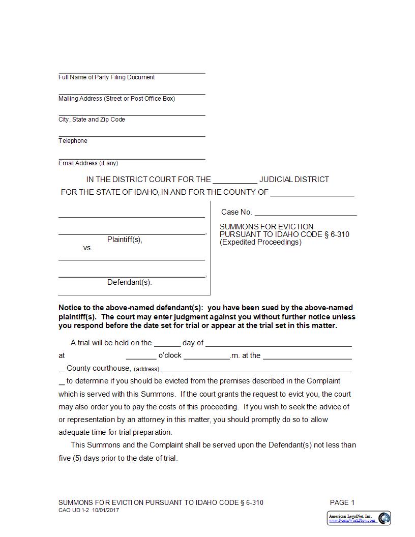 Summons For Eviction (Expedited Proceedings) {CAO UD 1-2} | Pdf Fpdf Docx | Idaho