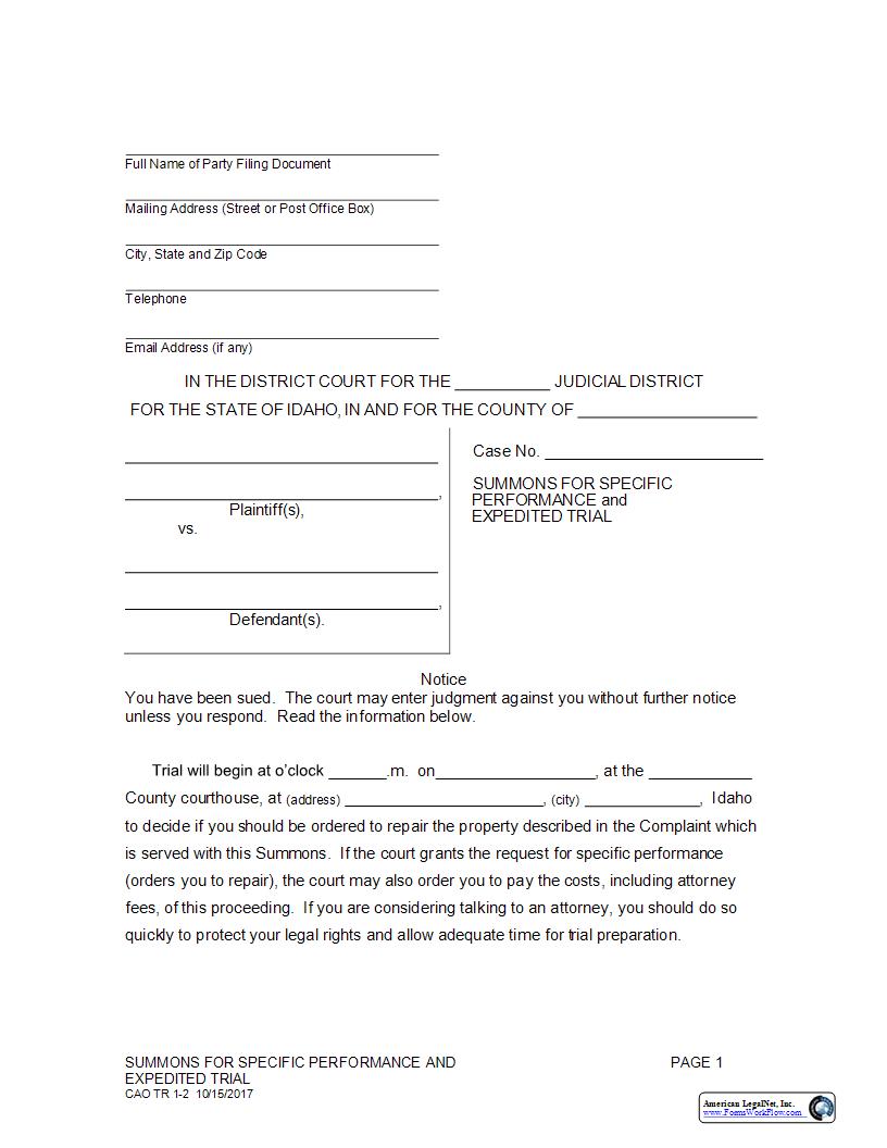 Summons For Specific Performance And Expedited Trial {CAO TR 1-2} | Pdf Fpdf Docx | Idaho