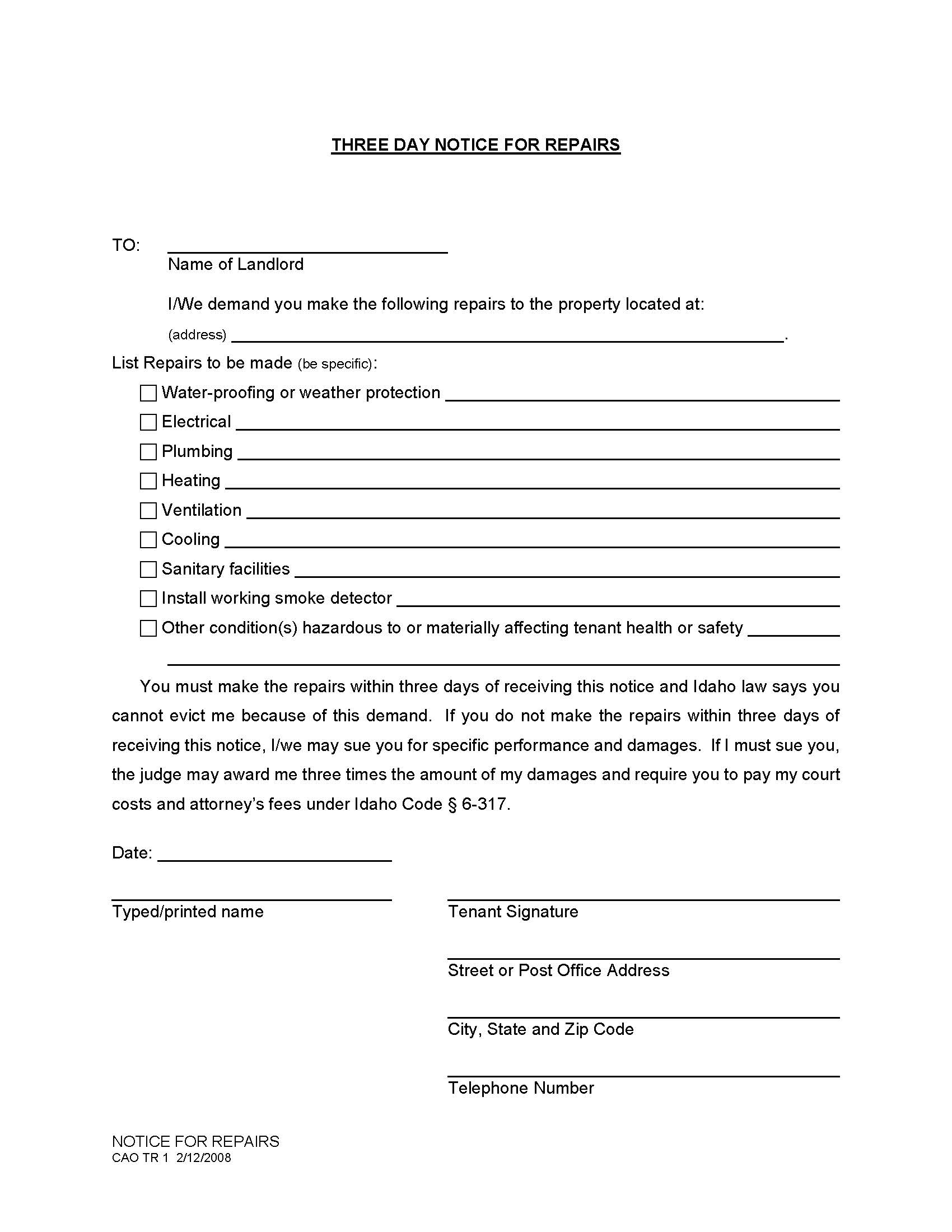 Three Day Notice For Repairs {CAO TR 1} | Pdf Fpdf Doc Docx | Idaho