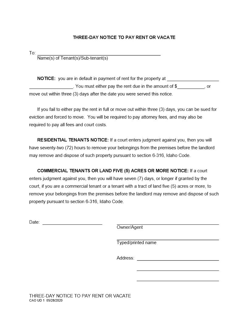 Three Day Notice To Pay Rent Or Vacate {CAO UD 1} | Pdf Fpdf Docx | Idaho