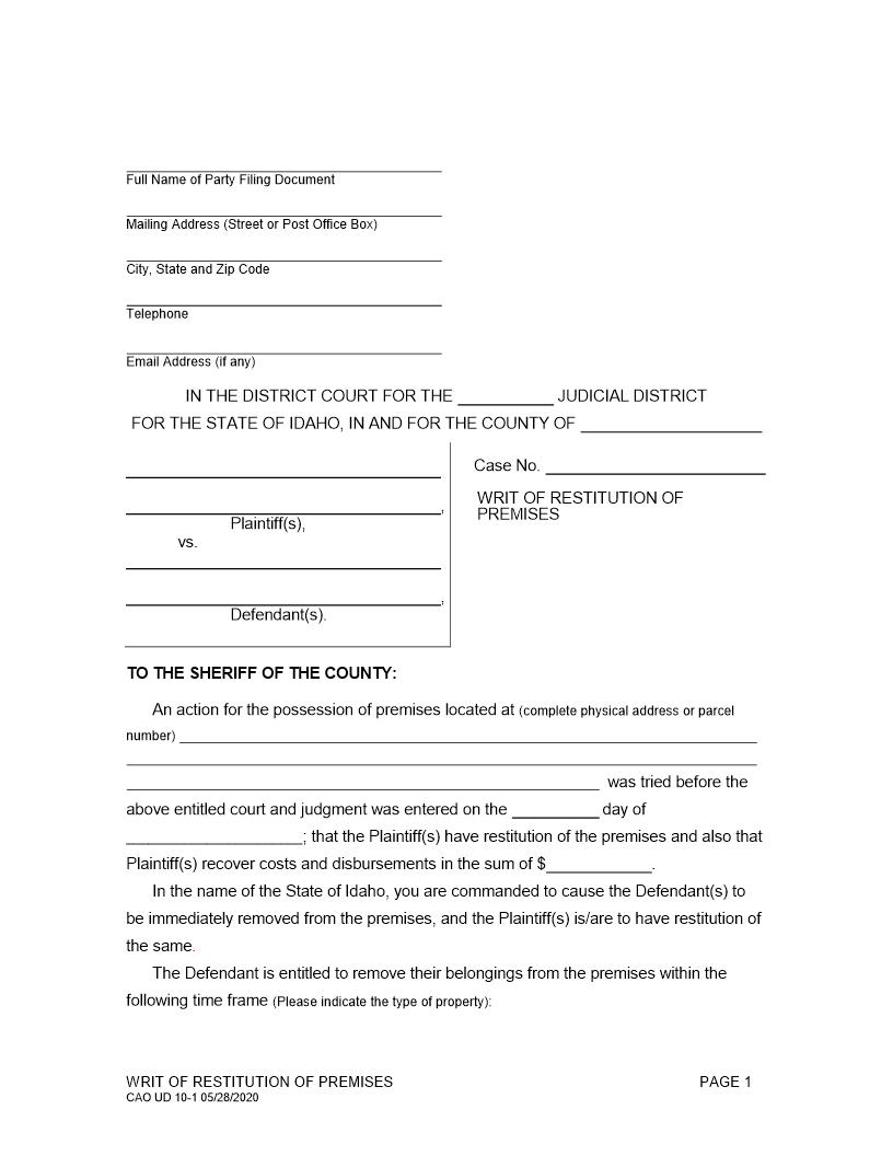 Writ Of Restitution Of Premises {CAO UD 10-1} | Pdf Fpdf Doc Docx | Idaho