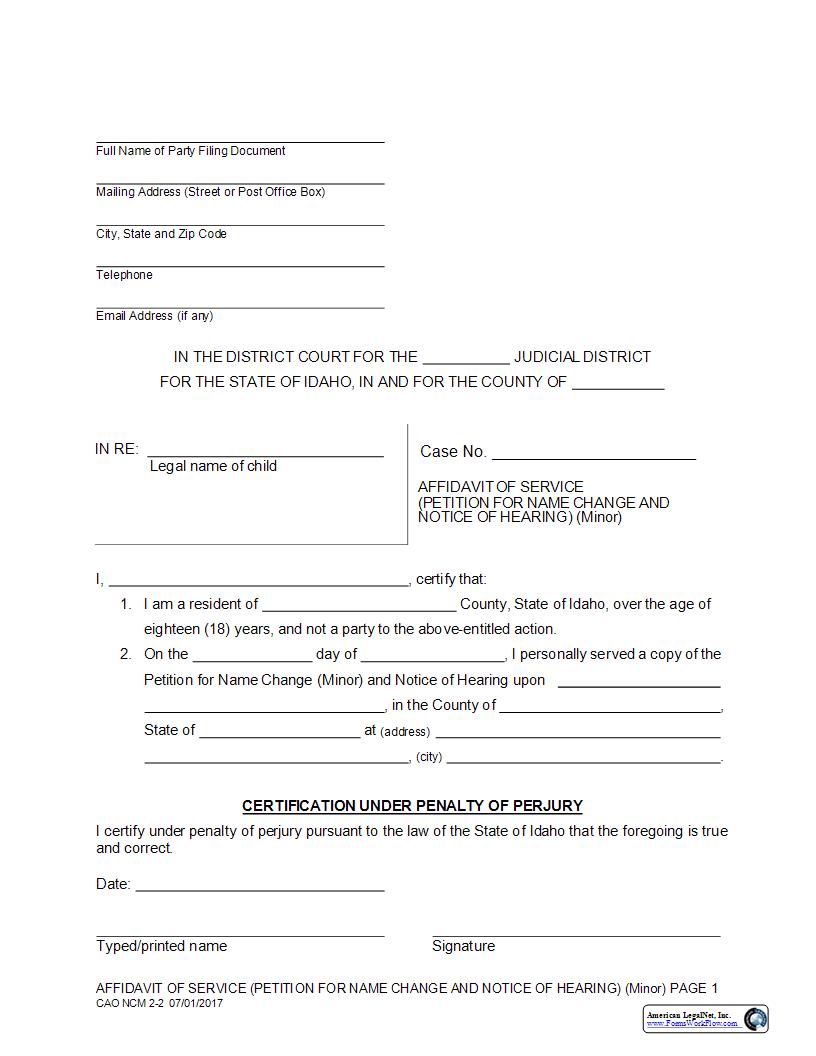 Affidavit Of Service Petition For Name Change And Notice Of Hearing (Minor) {CAO NCM 2-2} | Pdf Fpdf Docx | Idaho
