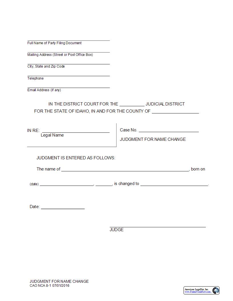 Judgment For Name Change (Adult) {CAO NCA 8-1} | Pdf Fpdf Docx | Idaho