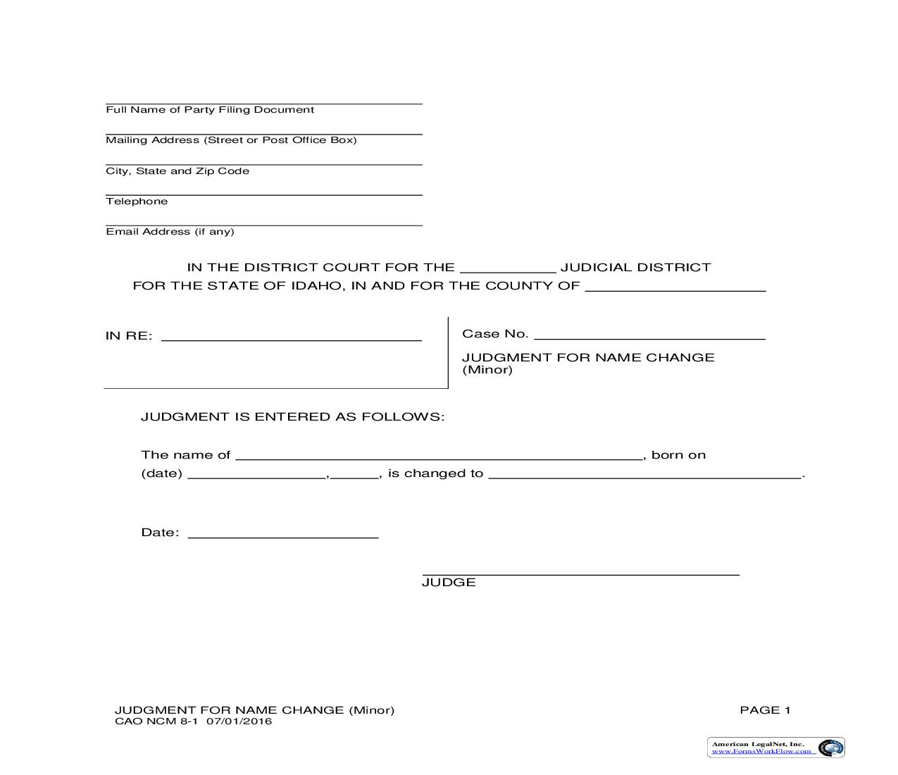Judgment For Name Change (Minor) {CAO NCM 8-1} | Pdf Fpdf Doc Docx | Idaho