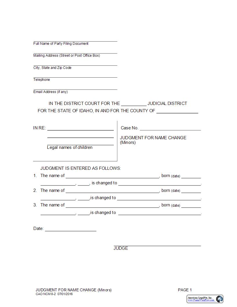 Judgment For Name Change (Multiple Minors) {CAO NCM 8-2} | Pdf Fpdf Docx | Idaho