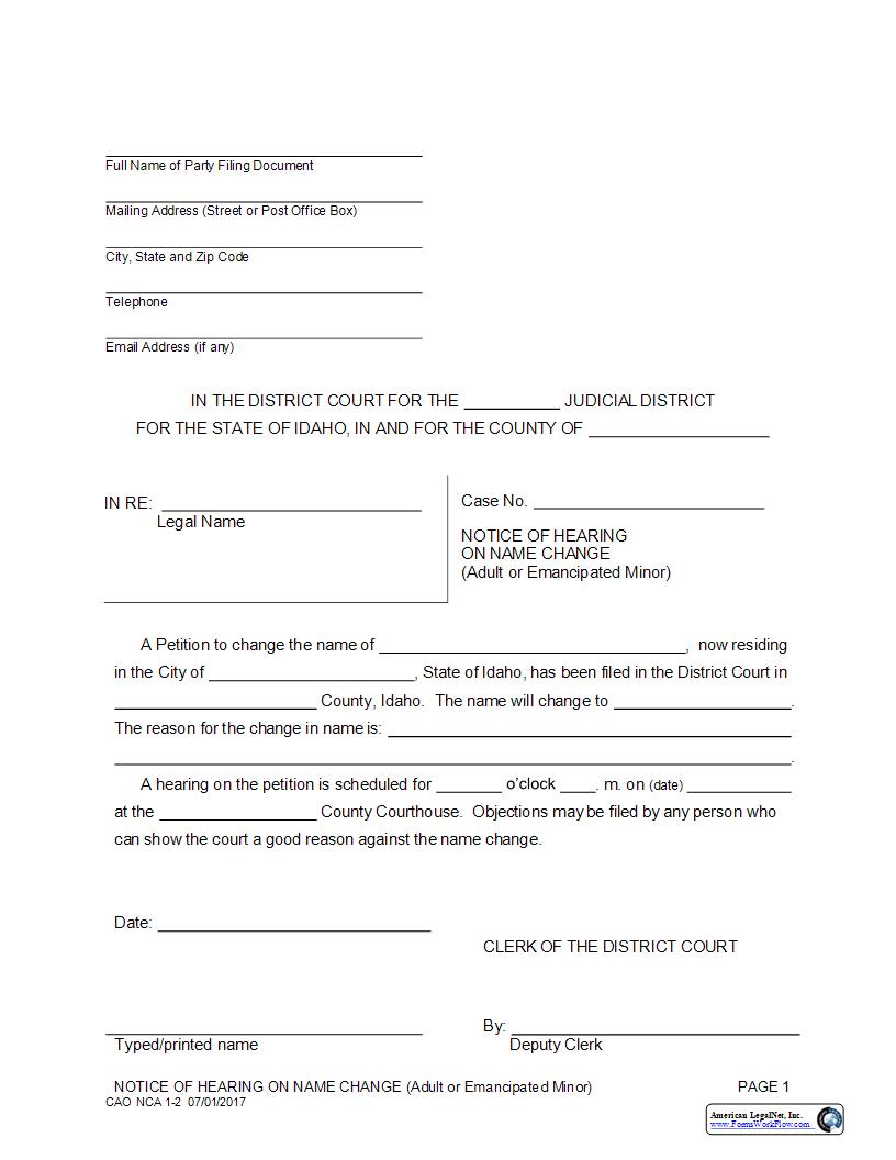 Notice Of Hearing On Name Change (Adult Or Emancipated Minor) {CAO NCA 1-2} | Pdf Fpdf Docx | Idaho