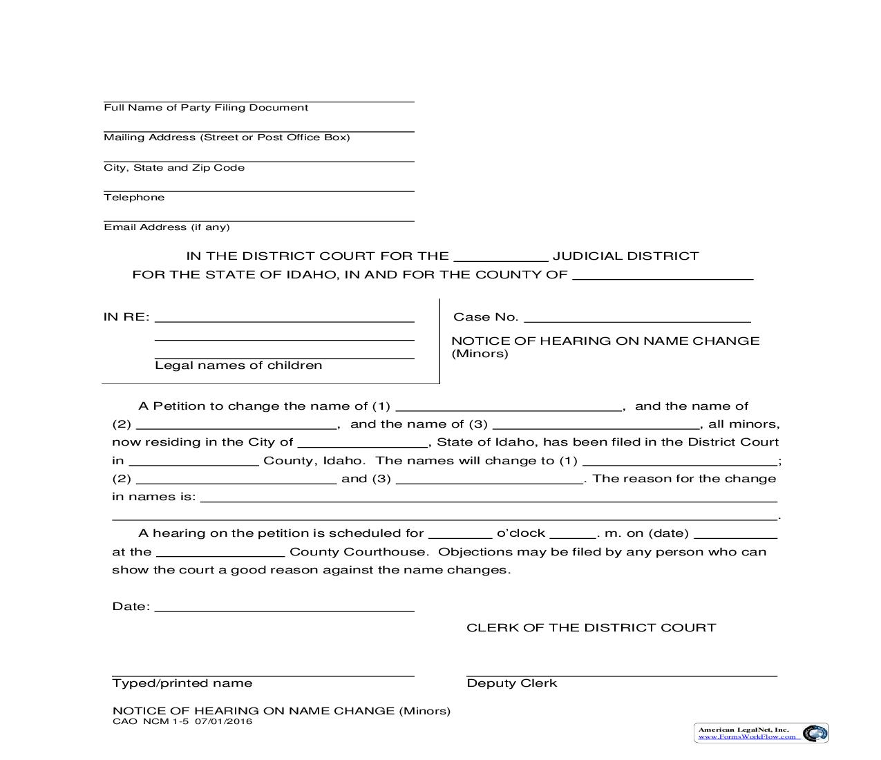 Notice Of Hearing On Name Change (Minors) {CAO NCM 1-5} | Pdf Fpdf Doc Docx | Idaho