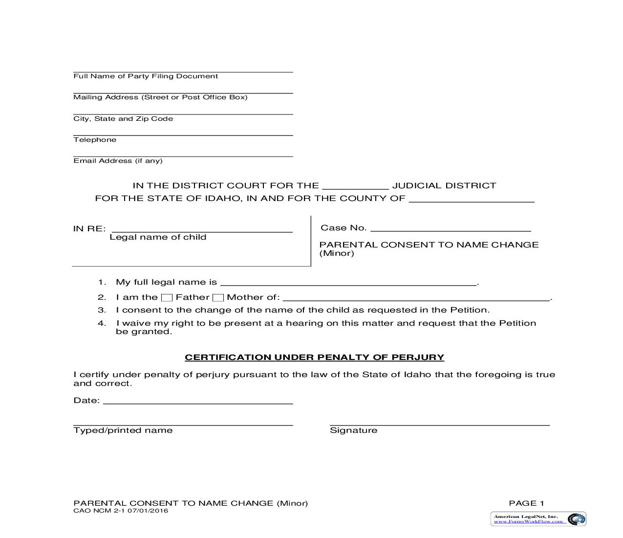 Parental Consent To Name Change (Minor) {CAO NCM 2-1} | Pdf Fpdf Doc Docx | Idaho
