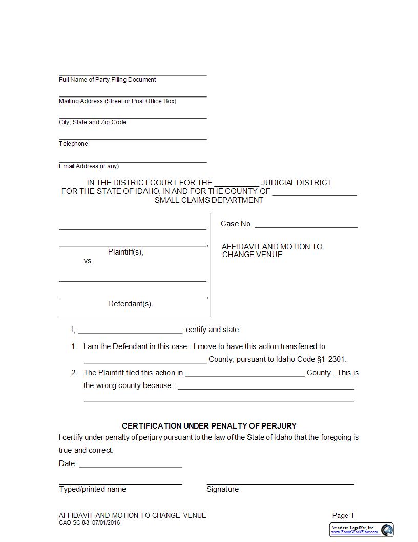 Affidavit And Motion To Change Venue {CAO SC 8-3} | Pdf Fpdf Docx | Idaho