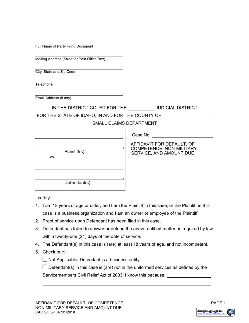 Affidavit For Default Of Competence Non Military Service And Amount Due {CAO SC 5-1} | Pdf Fpdf Docx | Idaho