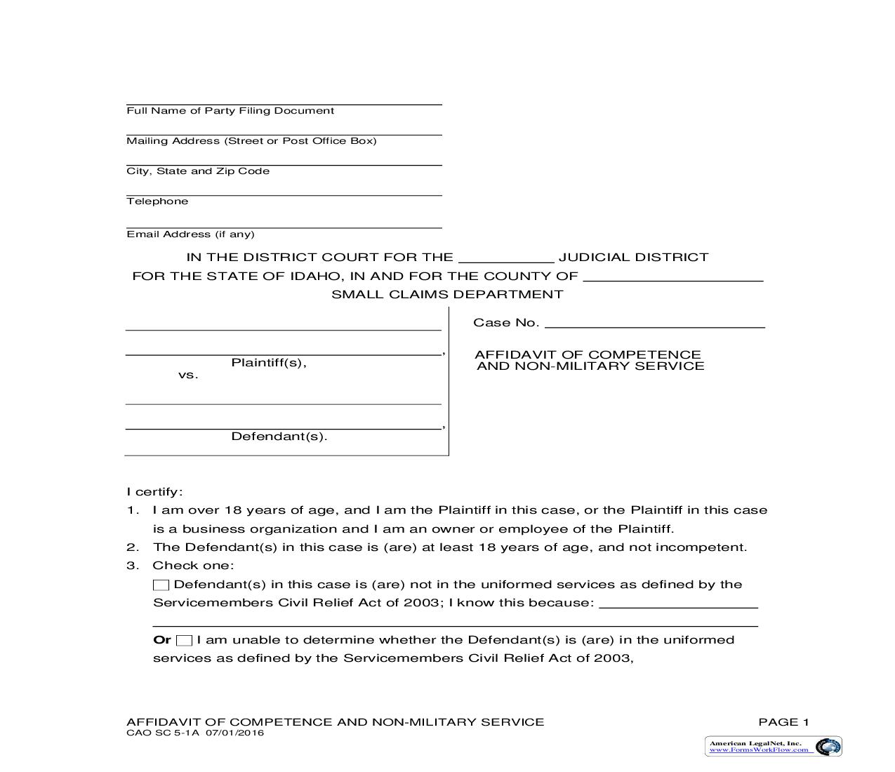 Affidavit Of Competence And Non Military Service {CAO SC 5-1A} | Pdf Fpdf Doc Docx | Idaho