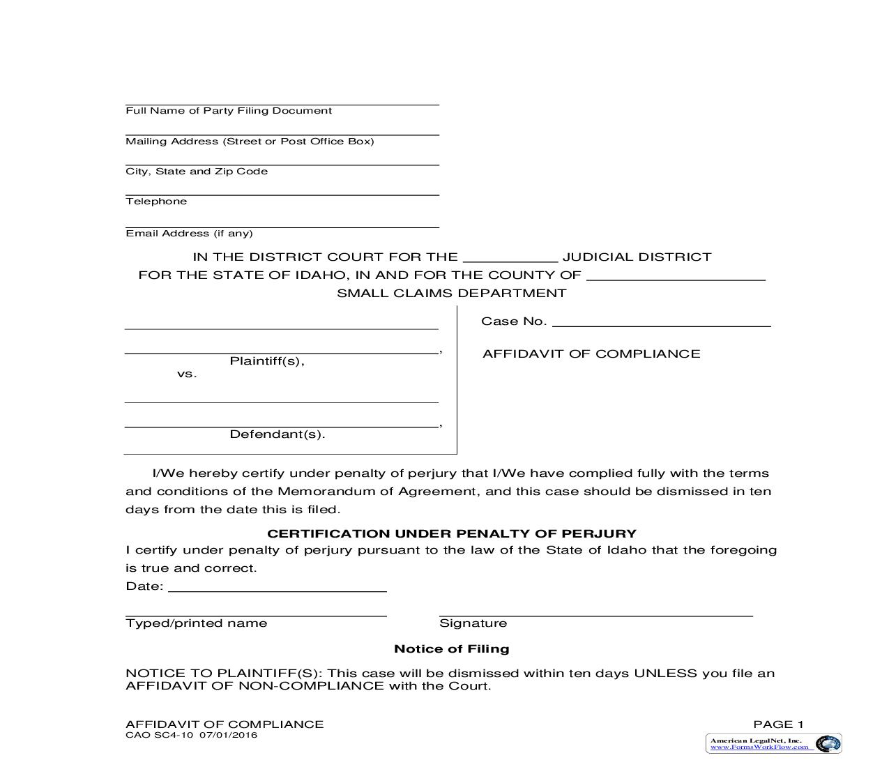 Affidavit Of Compliance {CAO SC 4-10} | Pdf Fpdf Doc Docx | Idaho