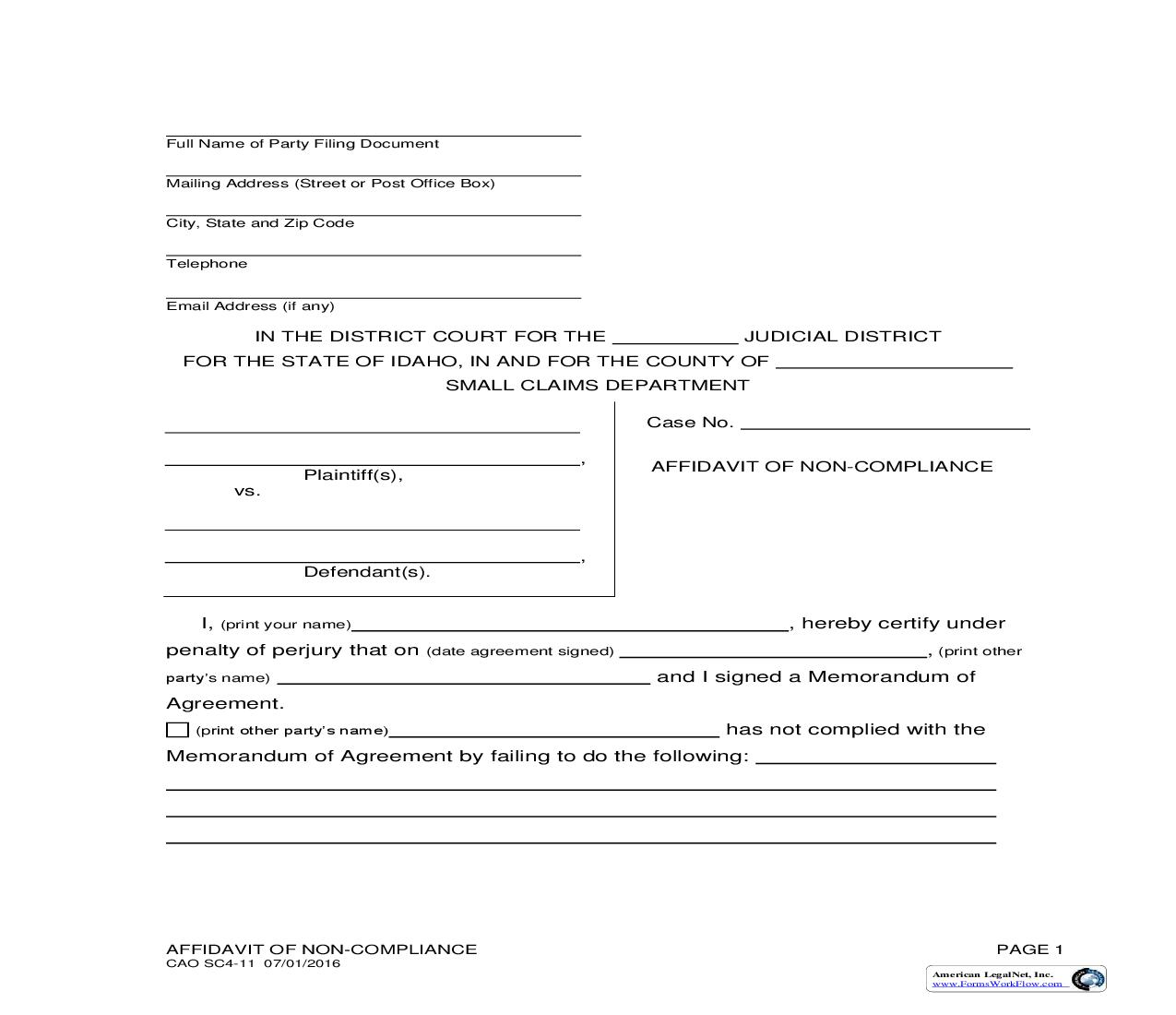 Affidavit Of Non Compliance {CAO SC 4-11} | Pdf Fpdf Doc Docx | Idaho