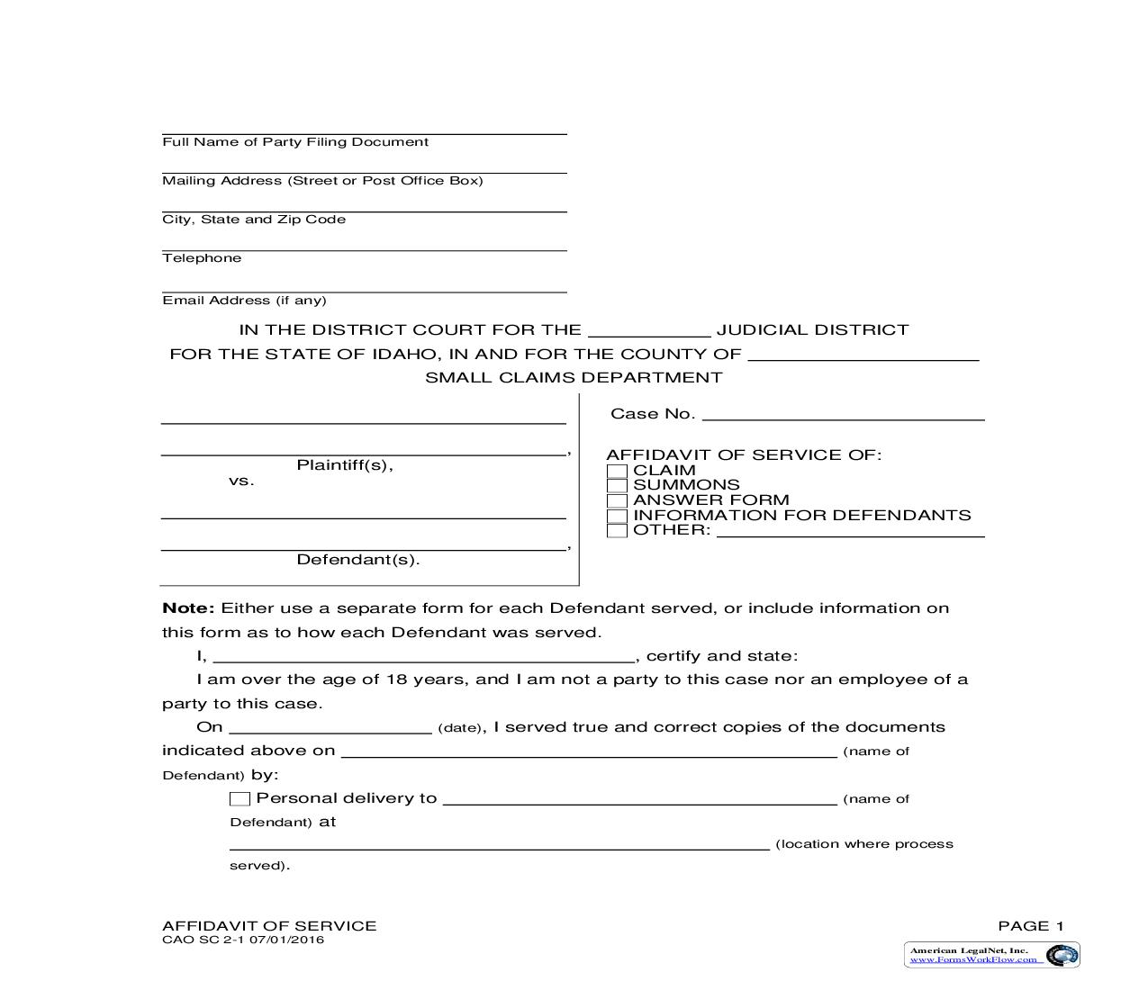Affidavit Of Service {CAO SC 2-1} | Pdf Fpdf Doc Docx | Idaho