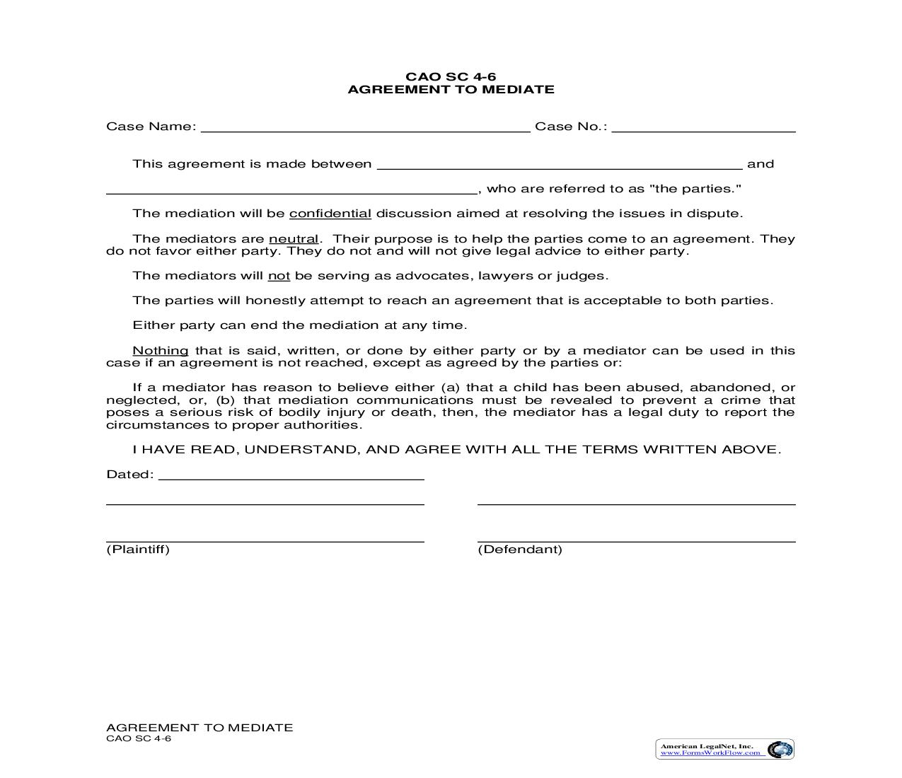 Agreement To Mediate {CAO SC 4-6} | Pdf Fpdf Doc Docx | Idaho
