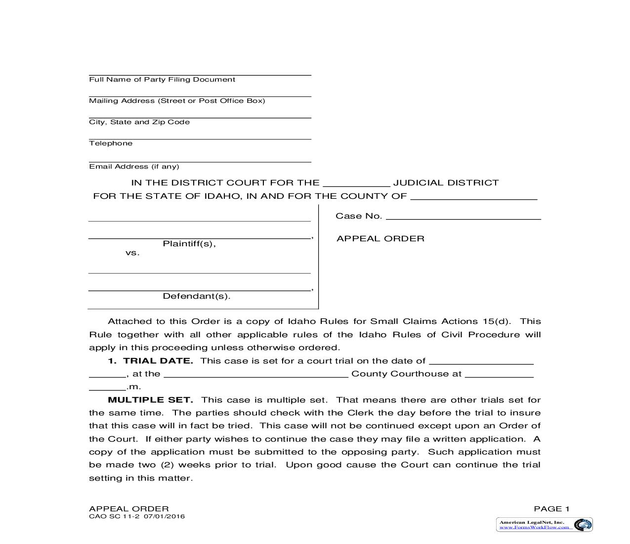 Appeal Order {CAO SC 11-2} | Pdf Fpdf Doc Docx | Idaho