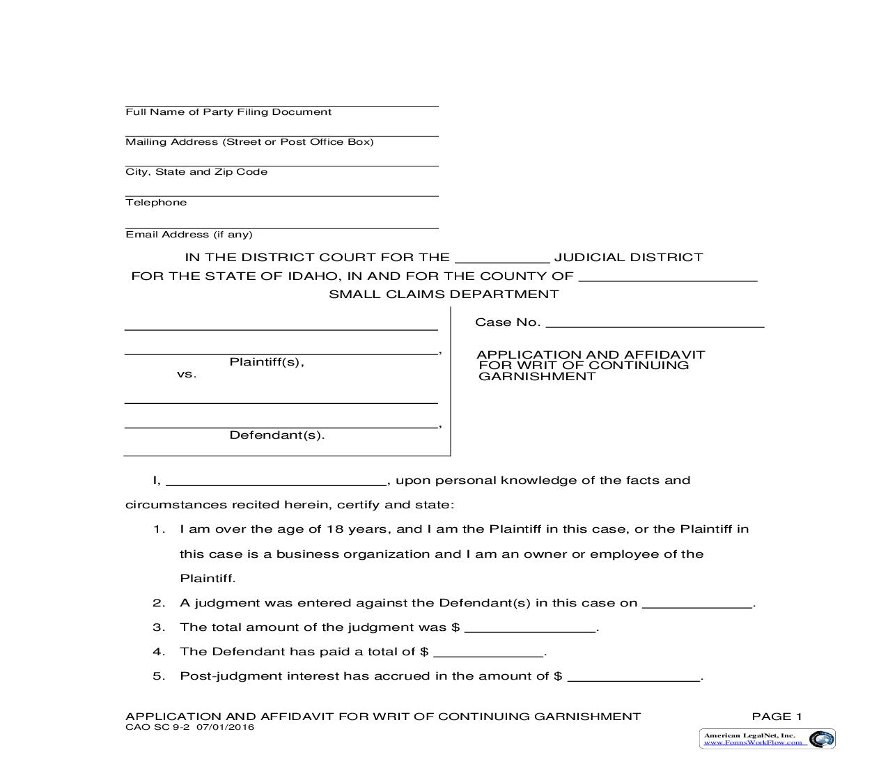 Application And Affidavit For Writ Of Continuing Garnishment {CAO SC 9-2} | Pdf Fpdf Doc Docx | Idaho