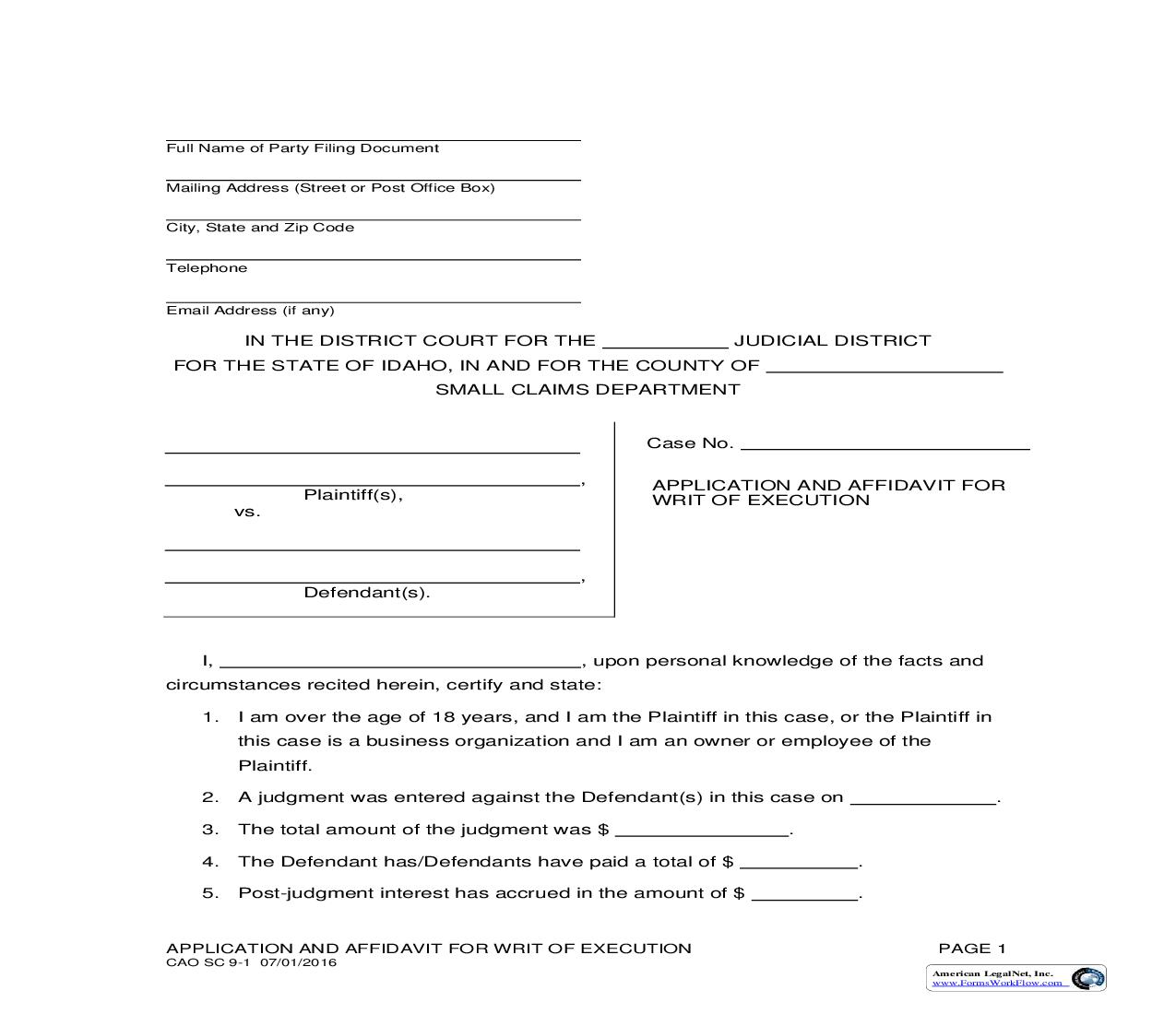 Application And Affidavit For Writ Of Execution {CAO SC 9-1} | Pdf Fpdf Doc Docx | Idaho