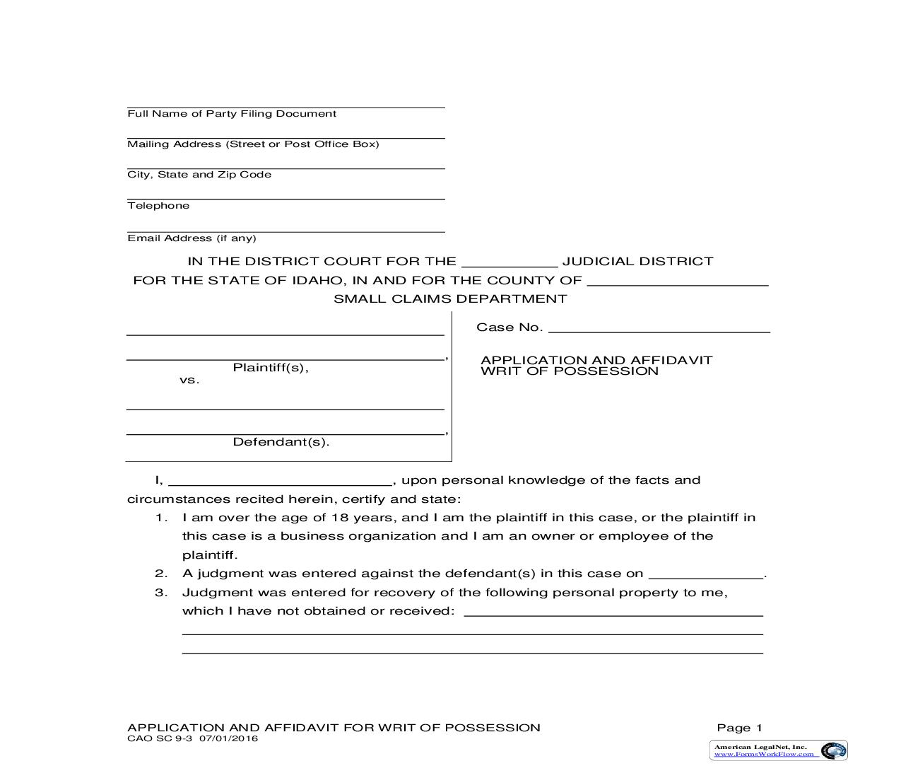 Application And Affidavit For Writ Of Possession {CAO SC 9-3} | Pdf Fpdf Doc Docx | Idaho