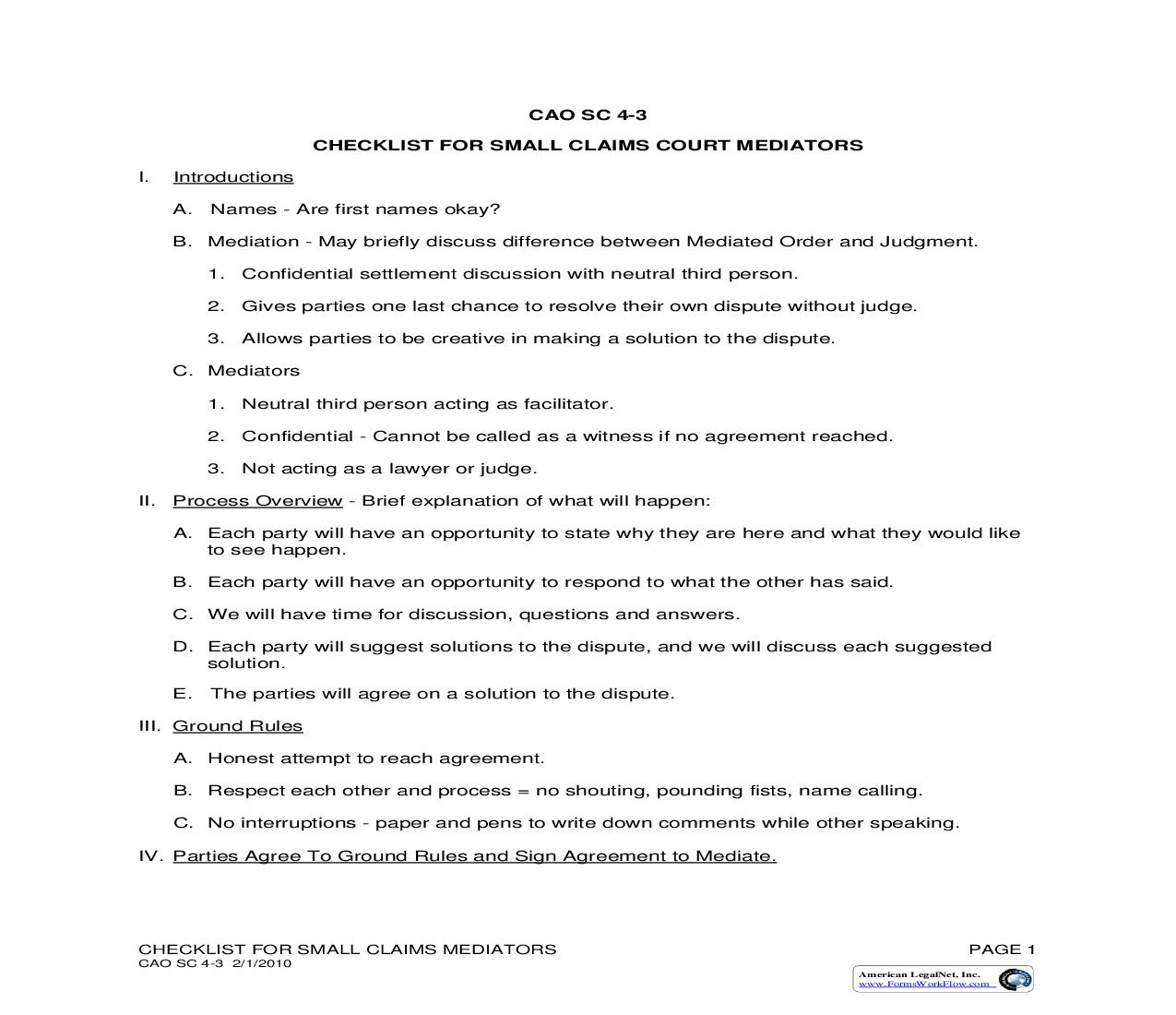 Checklist For Small Claims Court Mediators {CAO SC 4-3} | Pdf Fpdf Doc Docx | Idaho