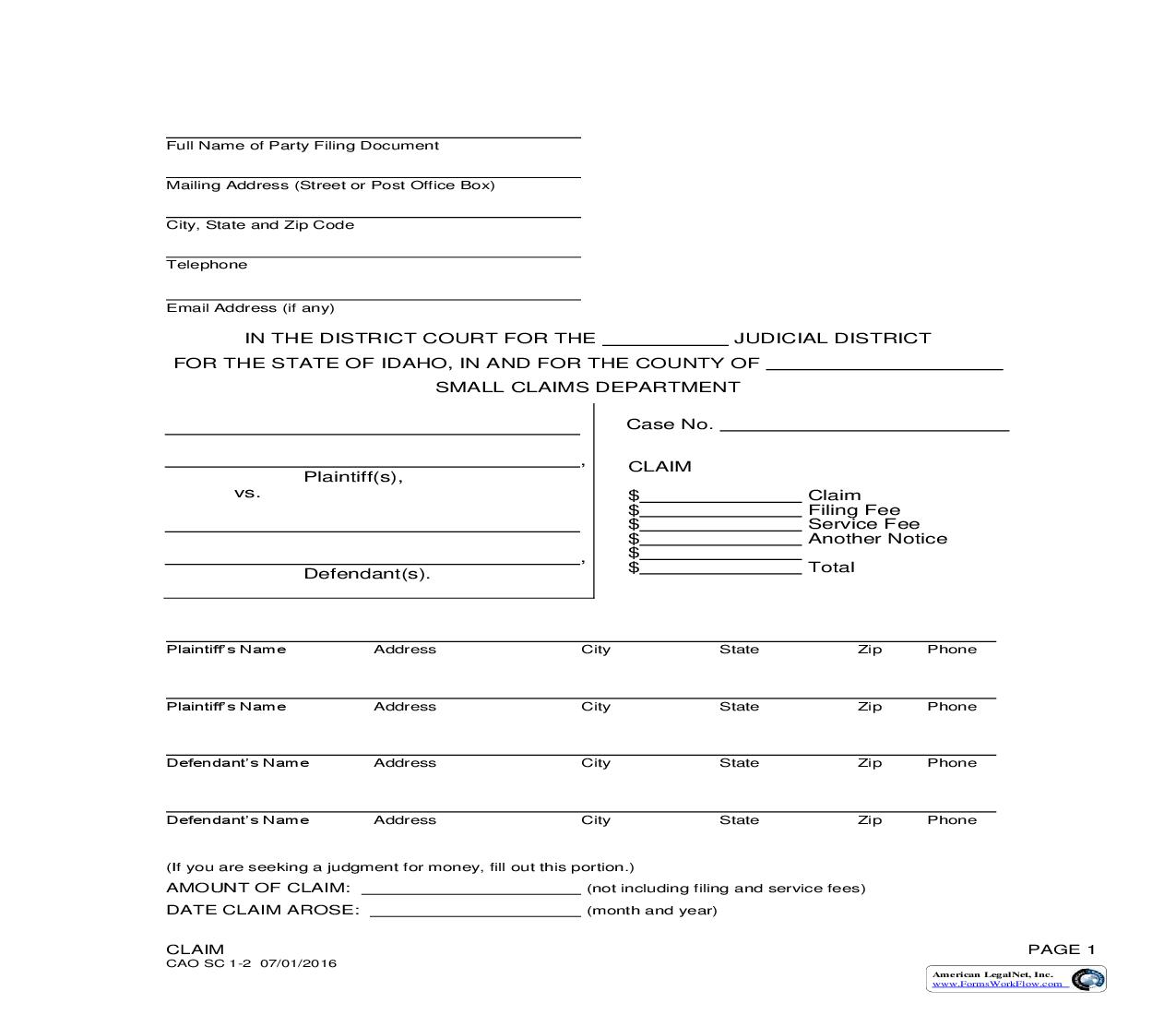 Claim {CAO SC 1-2} | Pdf Fpdf Doc Docx | Idaho