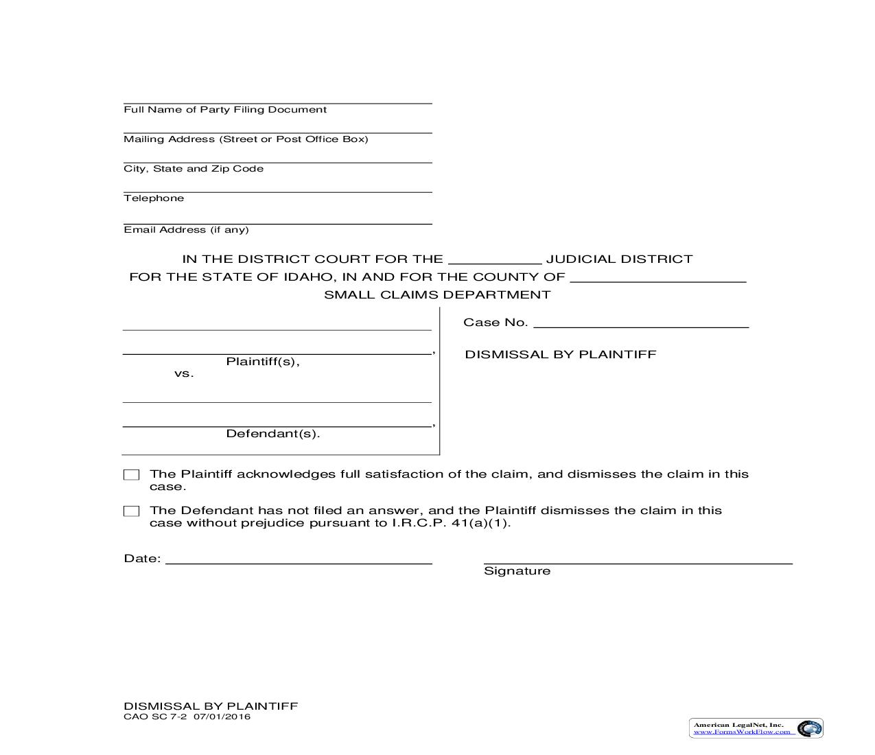 Dismissal By Plaintiff {CAO SC 7-2} | Pdf Fpdf Doc Docx | Idaho