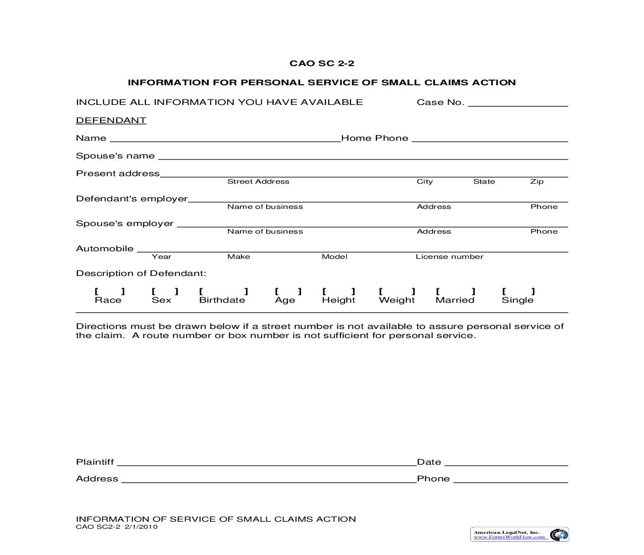 Information For Personal Service Of Small Claims Action {CAO SC 2-2} | Pdf Fpdf Doc Docx | Idaho