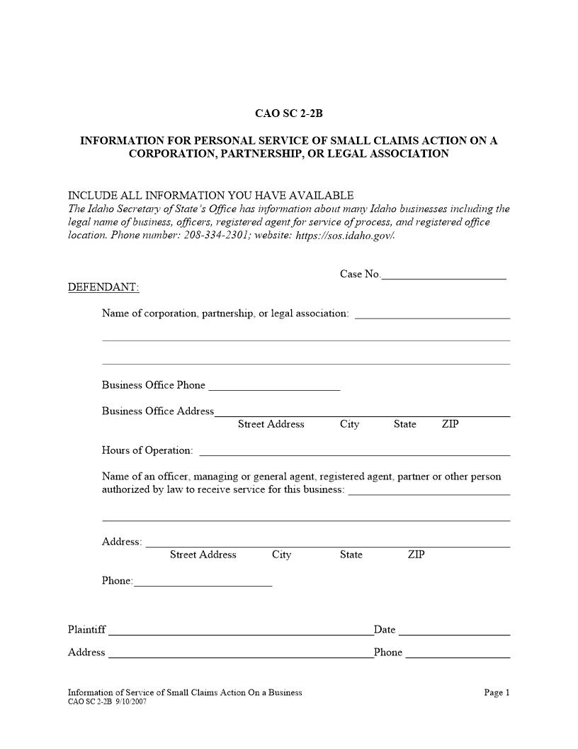 Information For Personal Service Of Small Claims Action On A Business Entity {CAO SC 2-2B} | Pdf Fpdf Docx | Idaho