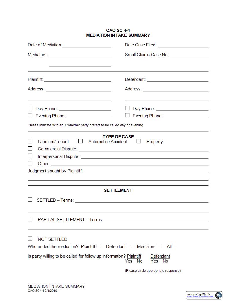 Mediation Intake Summary {CAO SC 4-4} | Pdf Fpdf Docx | Idaho