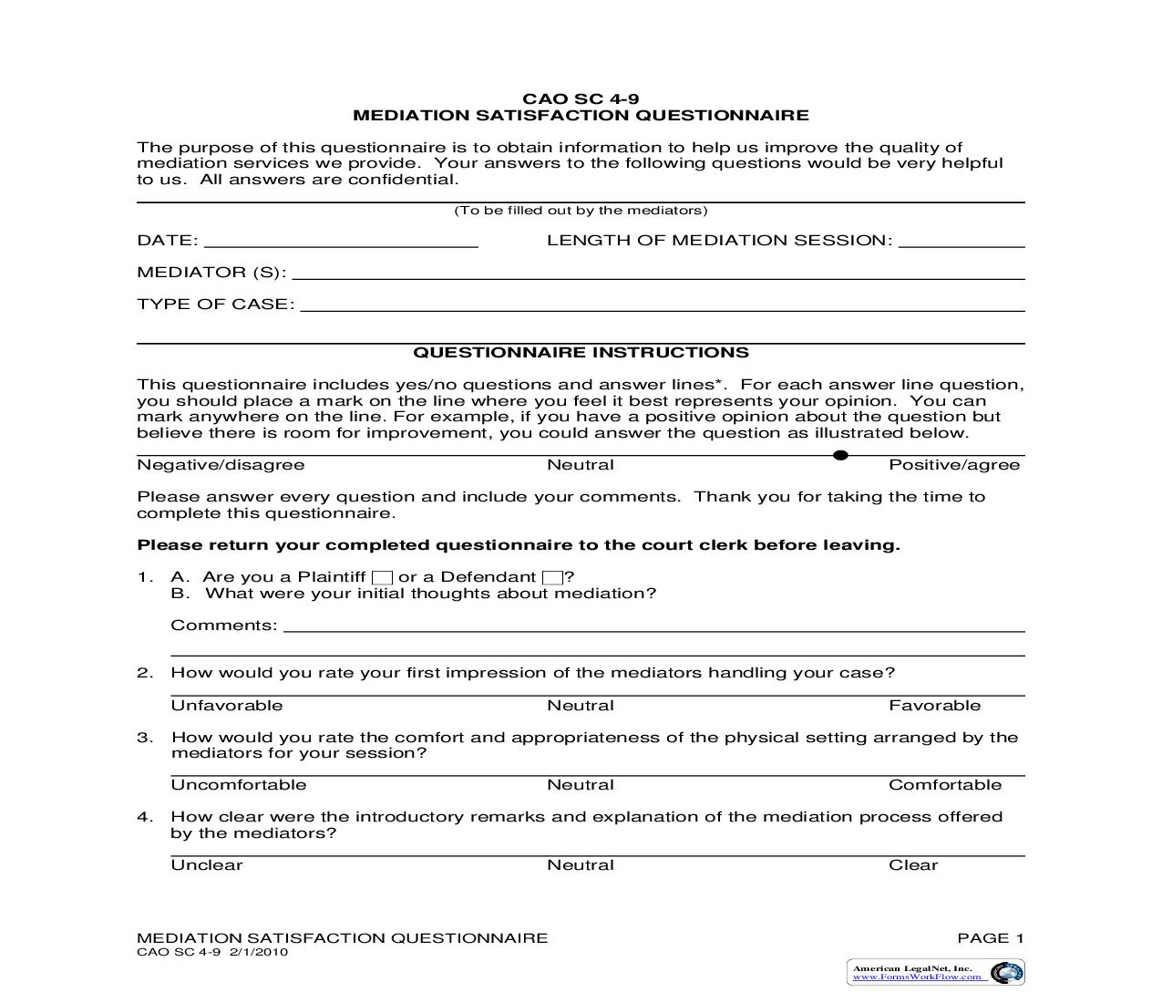 Mediation Satisfaction Questionnaire {CAO SC 4-9} | Pdf Fpdf Doc Docx | Idaho