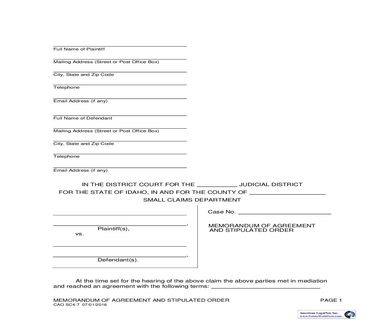 Memorandum Of Agreement And Stipulated Order {CAO SC 4-7} | Pdf Fpdf Doc Docx | Idaho