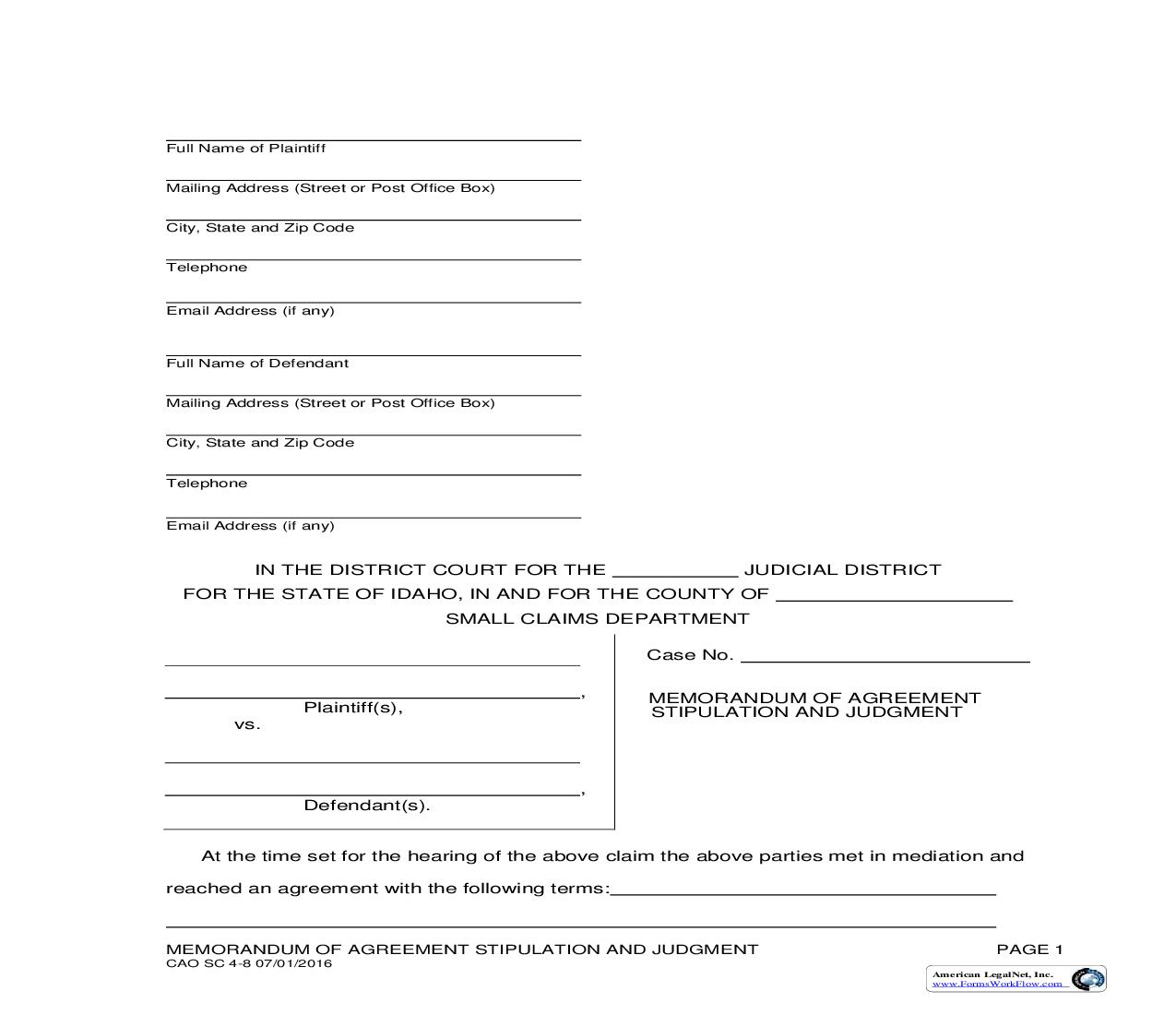Memorandum Of Agreement Stipulation And Judgment {CAO SC 4-8} | Pdf Fpdf Doc Docx | Idaho