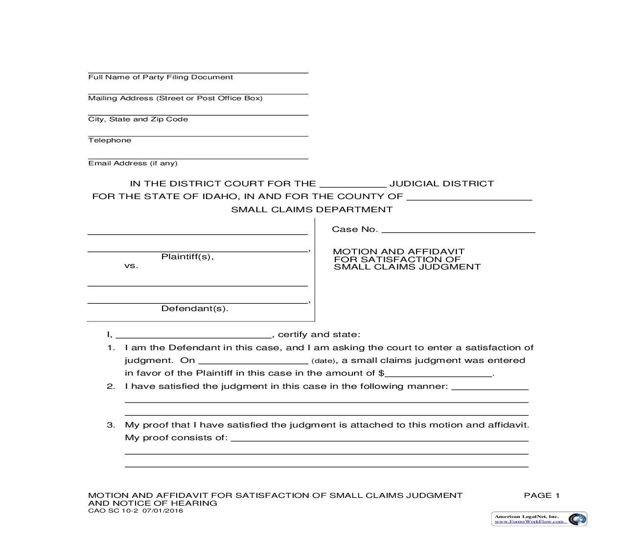 Motion And Affidavit For Satisfaction Of Small Claims Judgment {CAO SC 10-2} | Pdf Fpdf Doc Docx | Idaho