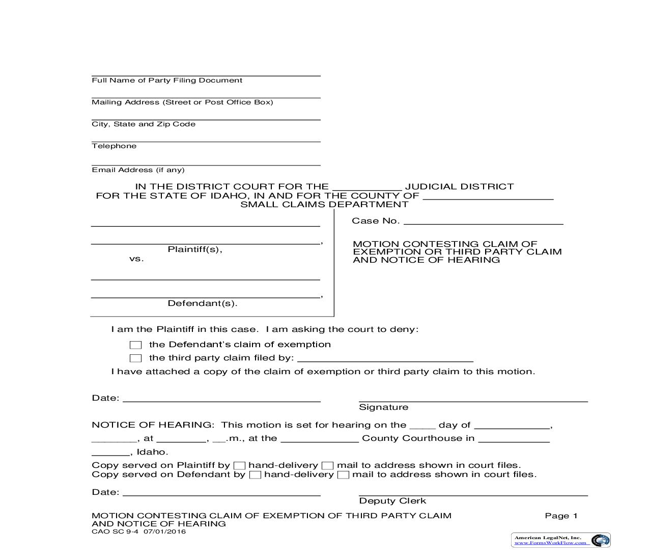 Motion Contesting Claim Of Exemption Or Third Party Claim And Notice Of Hearing {CAO SC 9-4} | Pdf Fpdf Doc Docx | Idaho