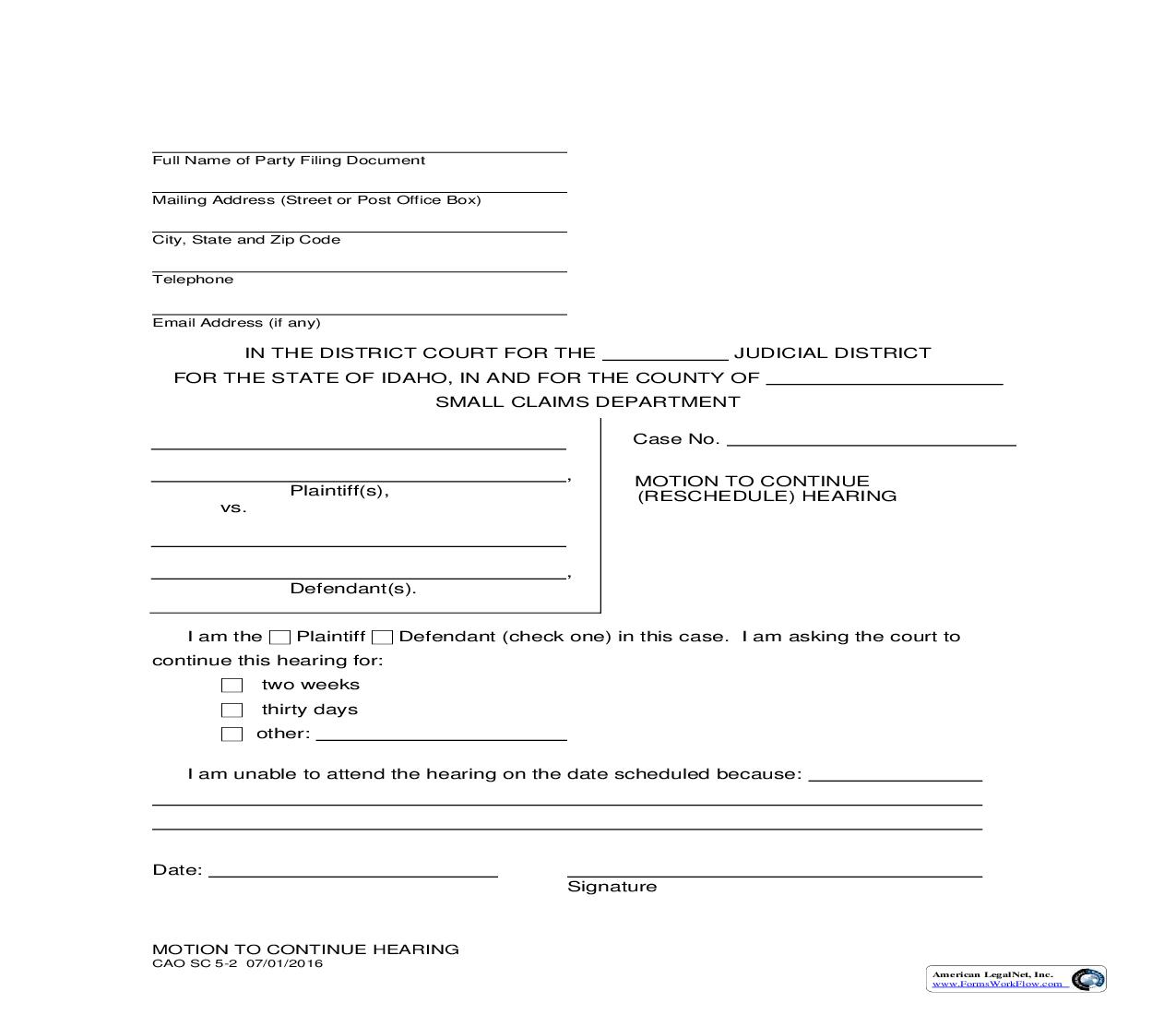 Motion To Continue (Reschedule) Hearing {CAO SC 5-2} | Pdf Fpdf Doc Docx | Idaho