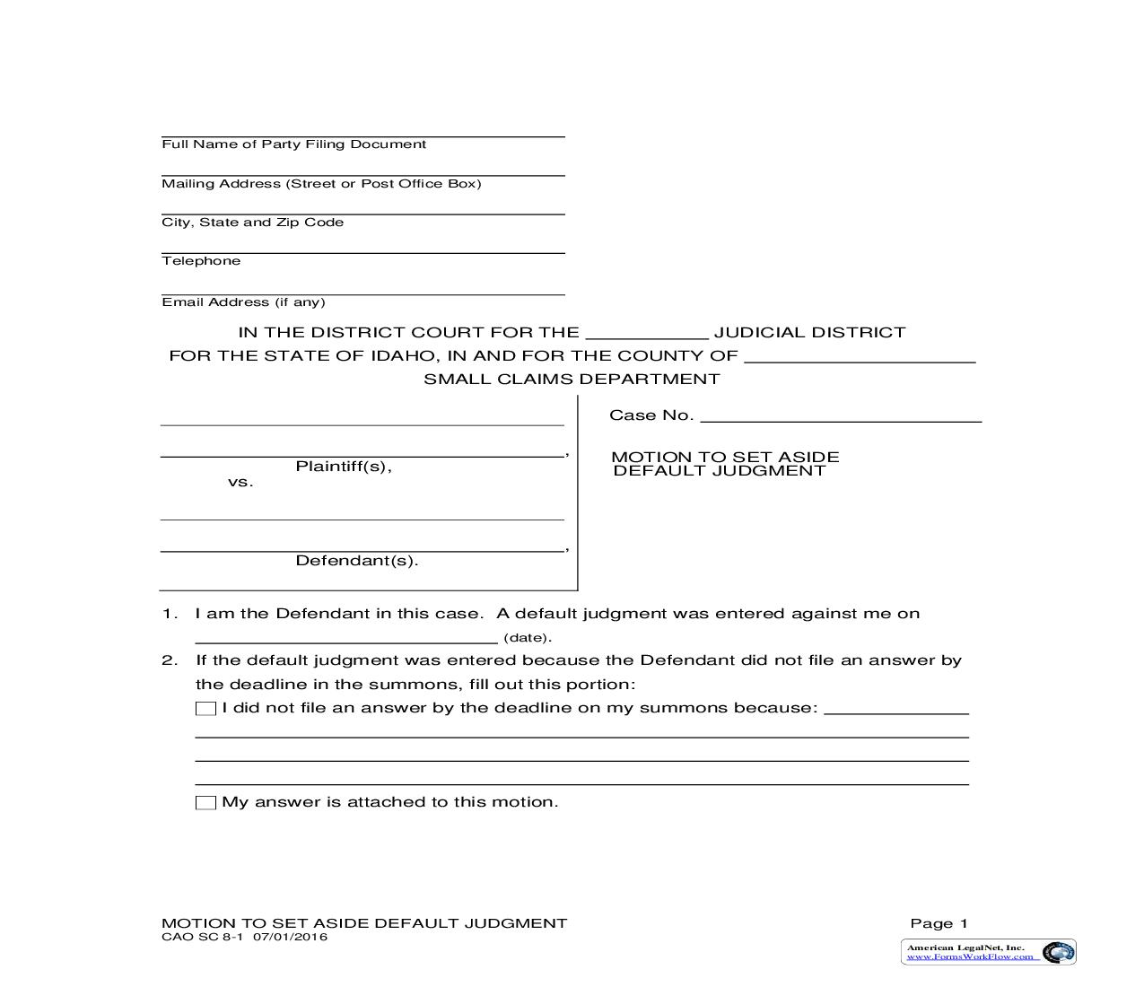 Motion To Set Aside Default Judgment {CAO SC 8-1} | Pdf Fpdf Doc Docx | Idaho