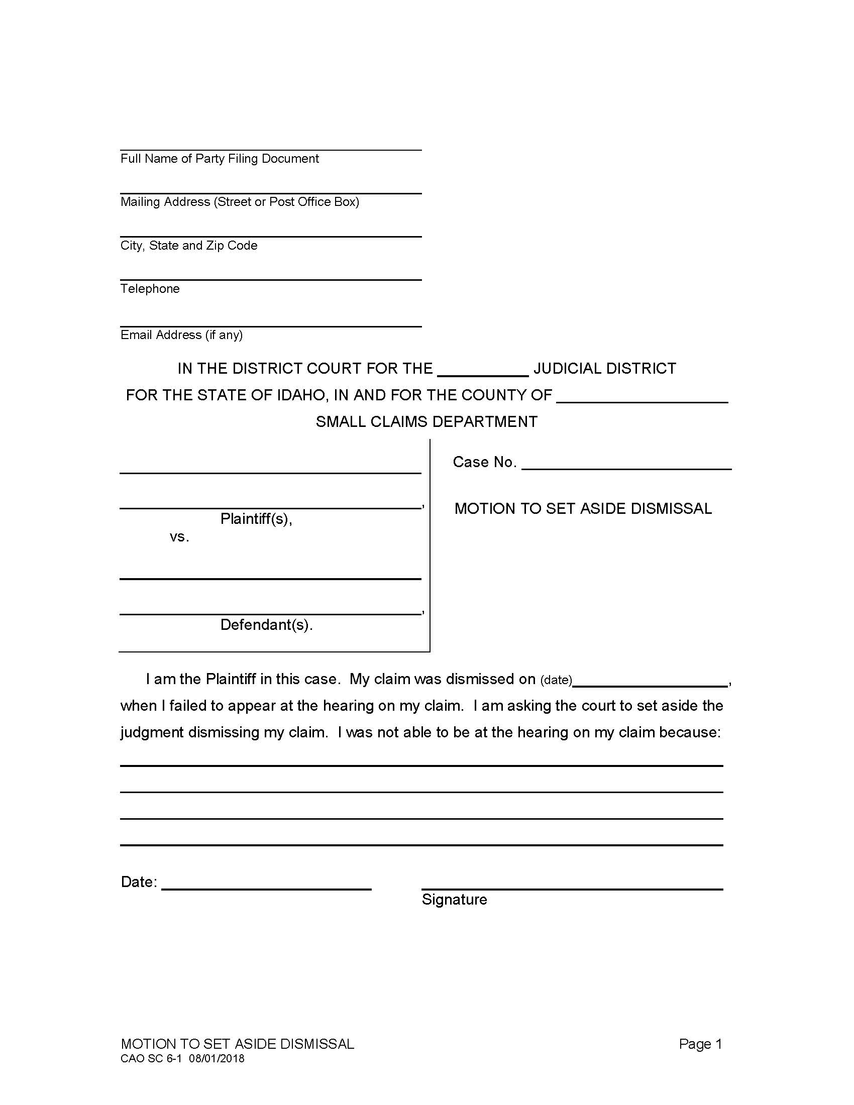 Motion To Set Aside Dismissal {CAO SC 6-1} | Pdf Fpdf Docx | Idaho