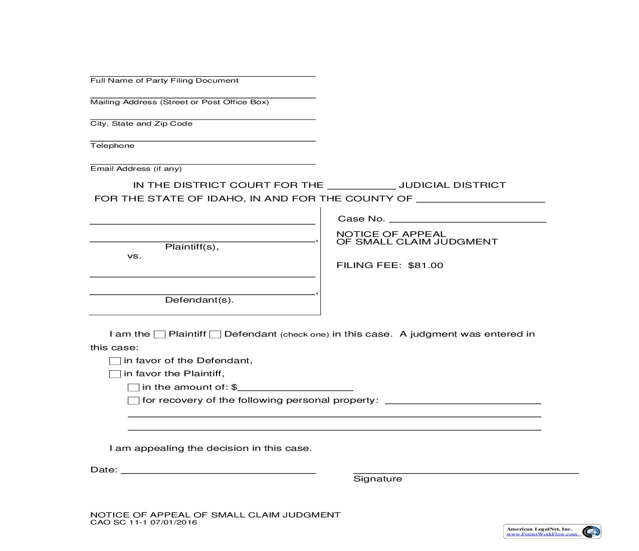 Notice Of Appeal Of Small Claim Judgment {CAO SC 11-1} | Pdf Fpdf Doc Docx | Idaho