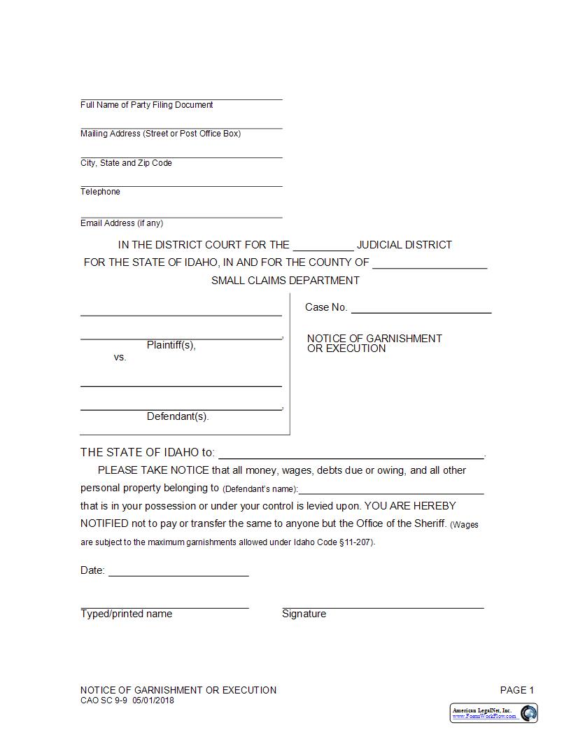 Notice Of Garnishment Or Execution {CAO SC 9-9} | Pdf Fpdf Docx | Idaho