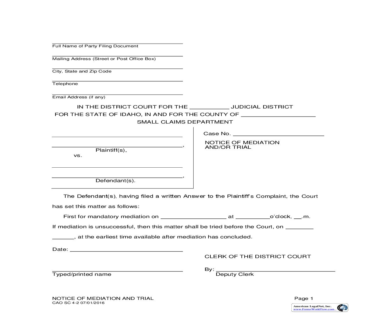 Notice Of Mediation And Or Trial {CAO SC 4-2} | Pdf Fpdf Doc Docx | Idaho