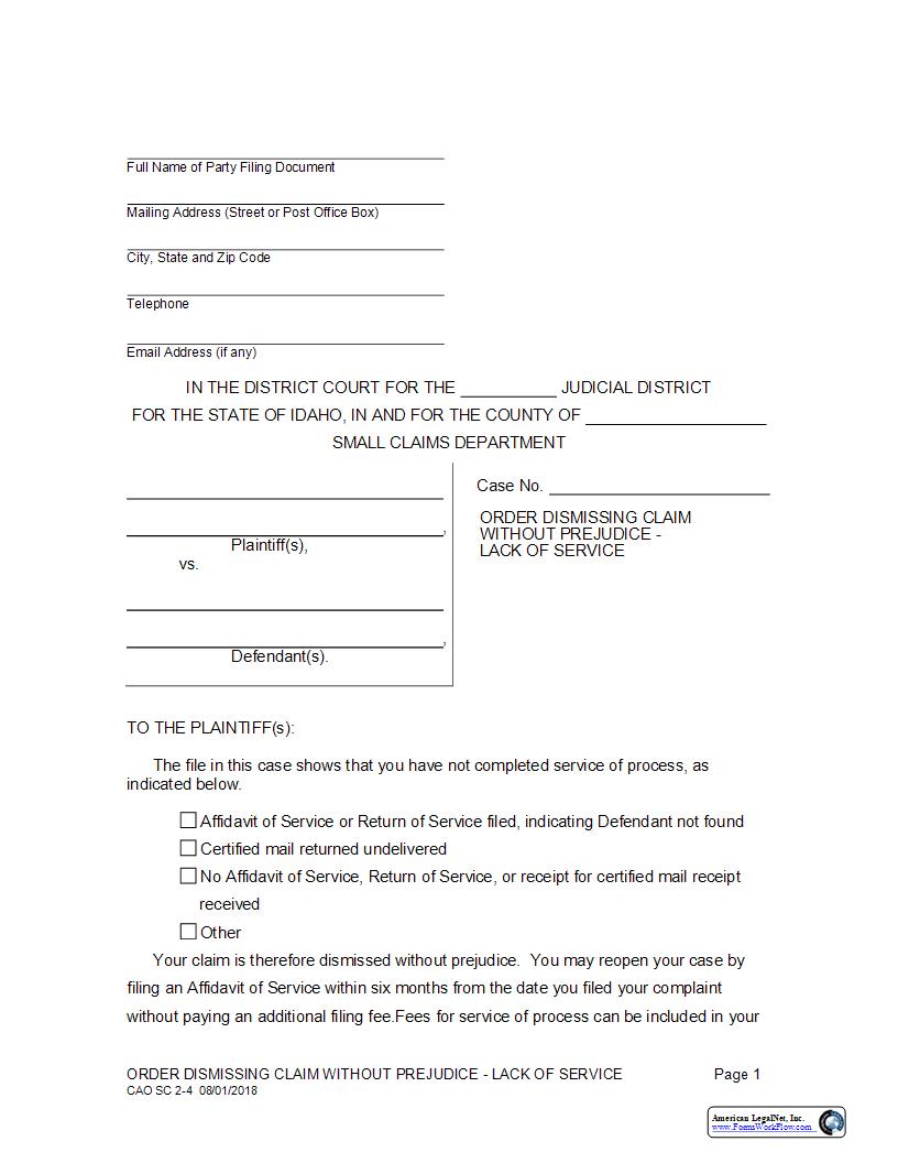 Order Dismissing Claim Without Prejudice Lack Of Service {CAO SC 2-4} | Pdf Fpdf Docx | Idaho