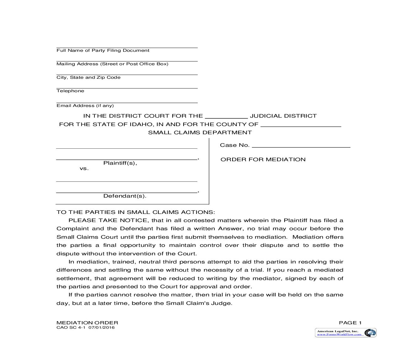 Order For Mediation {CAO SC 4-1} | Pdf Fpdf Doc Docx | Idaho