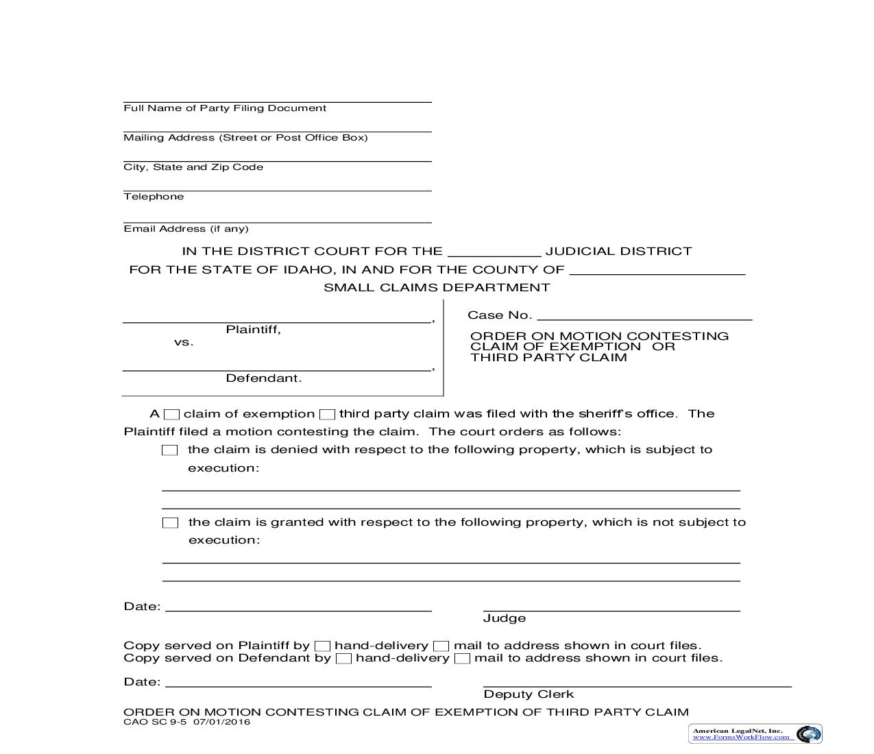 Order On Motion Contesting Claim Of Exemption Or Third Party Claim {CAO SC 9-5} | Pdf Fpdf Doc Docx | Idaho