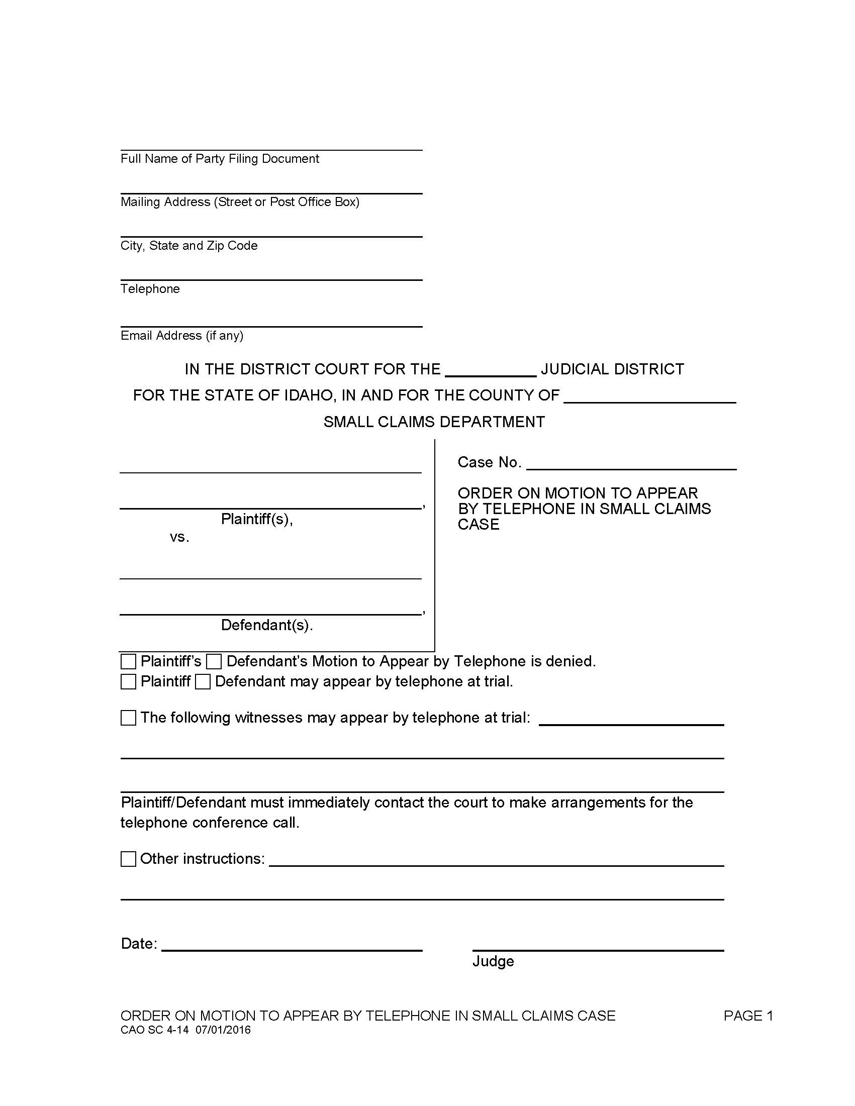 Order On Motion To Appear By Telephone {CAO SC 4-14} | Pdf Fpdf Docx | Idaho